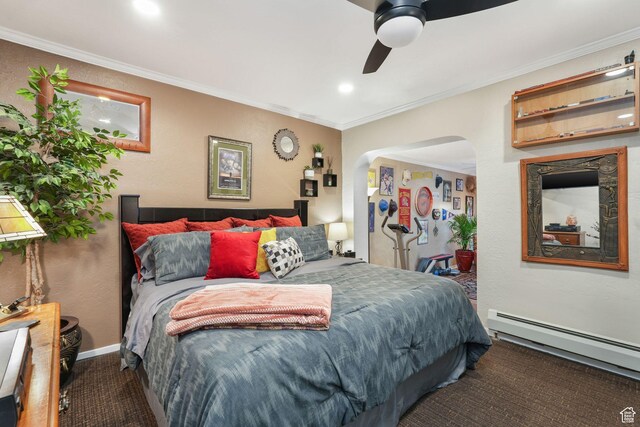 821 E 100 S, Salt Lake City, UT 84102 - carpeted bedroom featuring a baseboard radiator, arched walkways, ornamental molding, a textured wall, and a ceiling fan