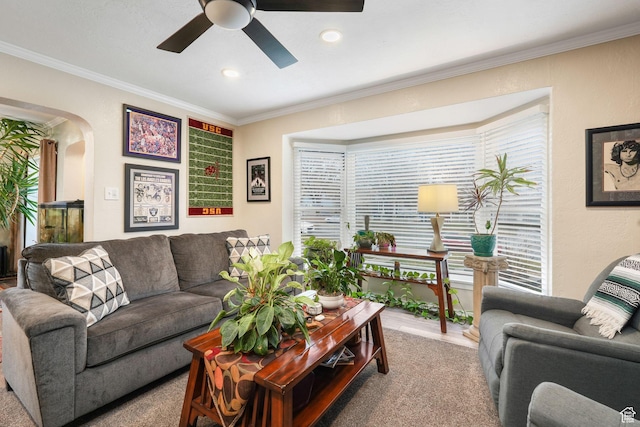 821 E 100 S, Salt Lake City, UT 84102 - living room with a ceiling fan, ornamental molding, arched walkways, recessed lighting, and wood finished floors