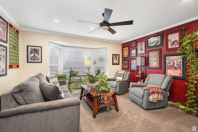 821 E 100 S, Salt Lake City, UT 84102 - living room featuring ceiling fan, carpet floors, crown molding, and recessed lighting