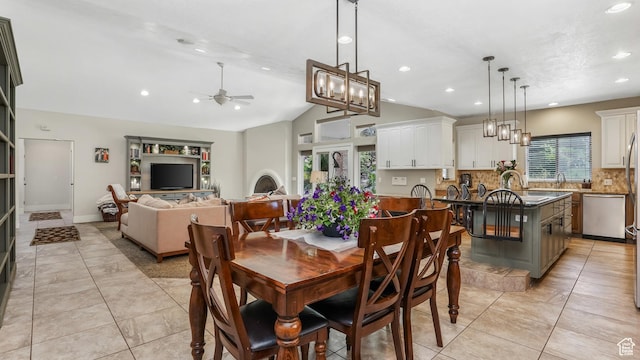 1776 E Horizon Point Cir, Draper, UT 84020 - dining space featuring ceiling fan, light tile patterned floors, lofted ceiling, recessed lighting, and a chandelier