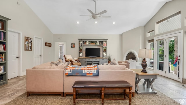 1776 E Horizon Point Cir, Draper, UT 84020 - living room with ceiling fan, light tile patterned floors, high vaulted ceiling, and recessed lighting