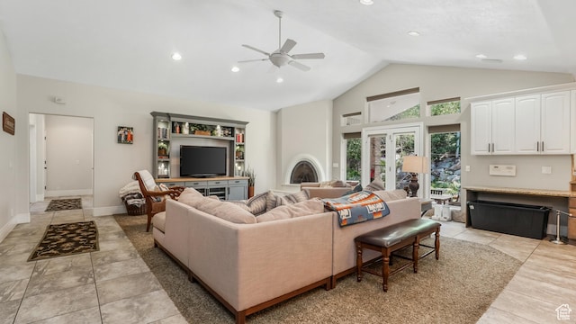 1776 E Horizon Point Cir, Draper, UT 84020 - living area with a ceiling fan, high vaulted ceiling, recessed lighting, baseboards, and light tile patterned flooring