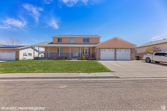 1688 N 175 W, Cedar City, UT 84721 - view of front of property with a garage, a front lawn, concrete driveway, stucco siding, and covered porch