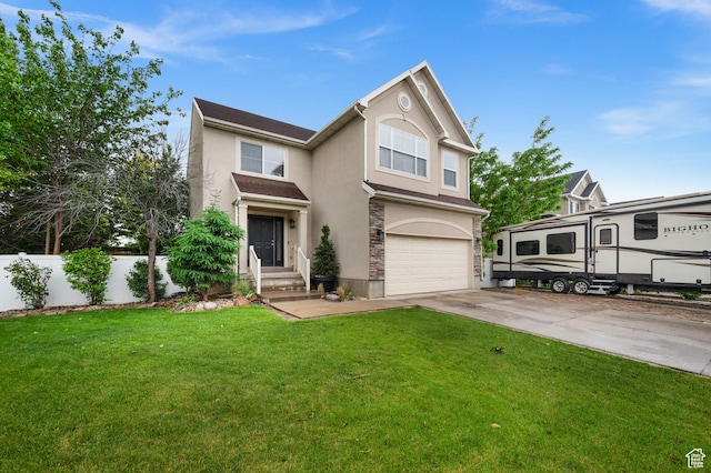 traditional-style home featuring stucco siding, an attached garage, stone siding, and driveway