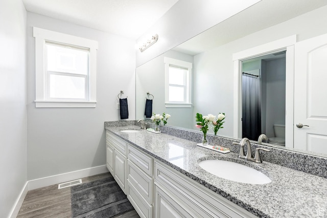 bathroom featuring wood finished floors, double vanity, baseboards, and toilet