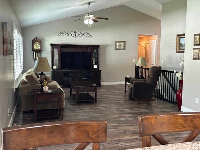 1522 S 1100 E, Spanish Fork, UT 84660 - living area featuring ceiling fan, dark wood finished floors, baseboards, and high vaulted ceiling