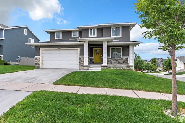 15134 S White Hart Ln, Bluffdale, UT 84065 - prairie-style home with driveway, a front lawn, an attached garage, and covered porch