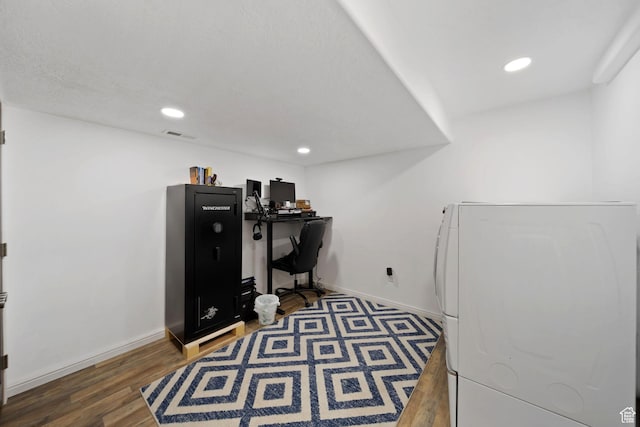 6507 S Silver Medal Dr, Taylorsville, UT 84129 - home office featuring wood finished floors, recessed lighting, baseboards, and washing machine and clothes dryer
