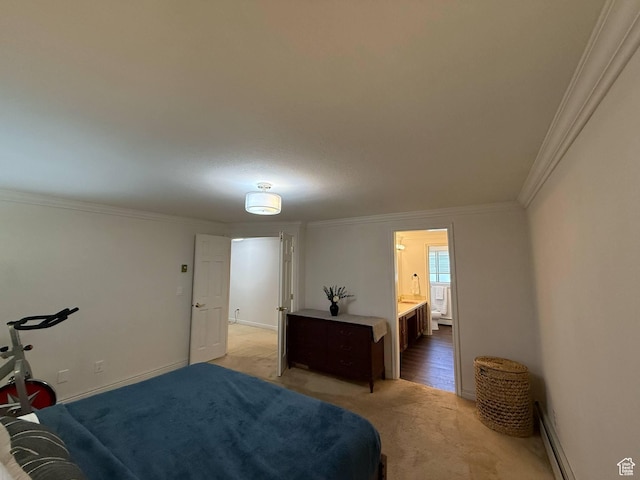 bedroom featuring light carpet, ornamental molding, a baseboard heating unit, and baseboards