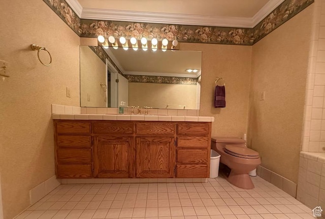 full bathroom with toilet, ornamental molding, tile patterned flooring, a bath, and vanity