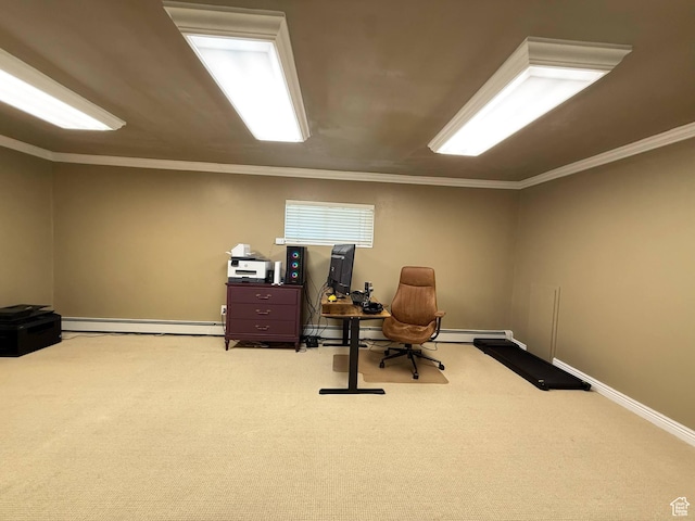 carpeted office space featuring a baseboard radiator, baseboards, and crown molding