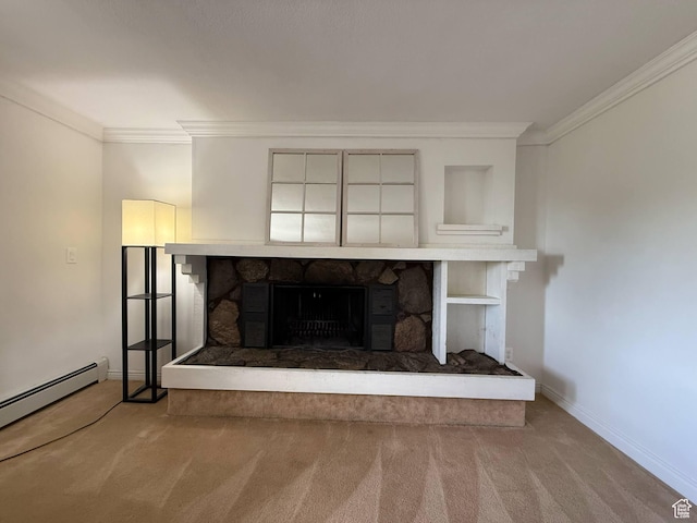 detailed view of a stone fireplace, carpet, a baseboard heating unit, crown molding, and baseboards
