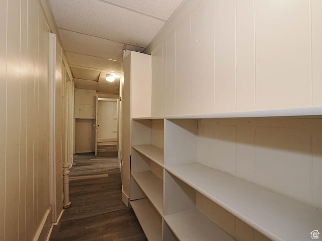 466 N 200 E, Provo, UT 84606 - hall featuring dark wood-style flooring, a paneled ceiling, wooden walls, and attic access