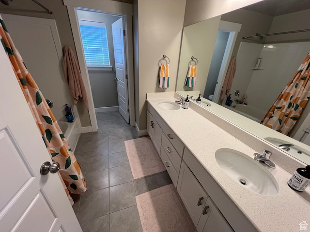 1297 W 450 N, Springville, UT 84663 - full bath featuring baseboards, double vanity, tile patterned floors, and shower / tub combo with curtain