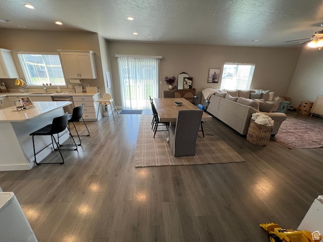 1297 W 450 N, Springville, UT 84663 - dining room featuring healthy amount of natural light, a textured ceiling, a ceiling fan, wood finished floors, and recessed lighting