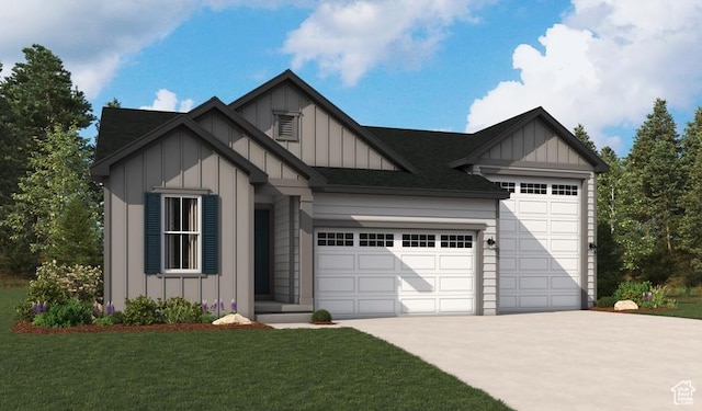 4053 W 2025 S Unit 40, Taylor, UT 84401 - view of front of home with board and batten siding, concrete driveway, an attached garage, and a front lawn