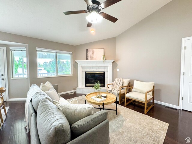 619 W 225 S, Layton, UT 84041 - living area featuring lofted ceiling, baseboards, dark wood-style floors, and a fireplace
