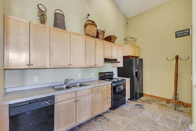 6641 N 2200 W Unit D-304, Park City, UT 84098 - kitchen featuring black appliances, light brown cabinets, a sink, under cabinet range hood, and high vaulted ceiling