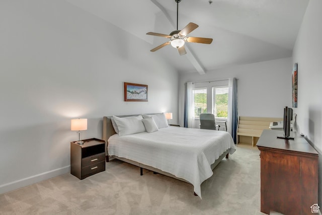 6641 N 2200 W Unit D-304, Park City, UT 84098 - bedroom with light colored carpet, a ceiling fan, high vaulted ceiling, and beamed ceiling