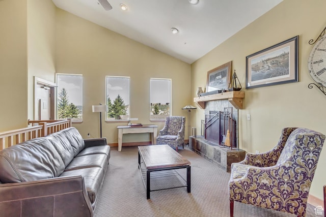 6641 N 2200 W Unit D-304, Park City, UT 84098 - living area with a tiled fireplace, carpet floors, and high vaulted ceiling