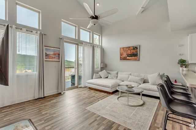 6641 N 2200 W Unit D-304, Park City, UT 84098 - living area with wood finished floors, a ceiling fan, a towering ceiling, and baseboards