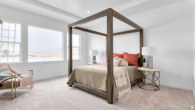 bedroom featuring carpet, multiple windows, and baseboards