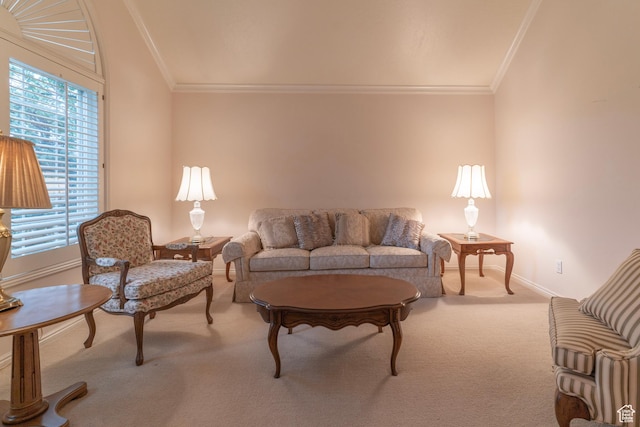 carpeted living area featuring ornamental molding and baseboards