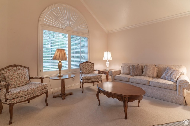 living area featuring ornamental molding, carpet flooring, vaulted ceiling, and baseboards