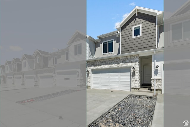 651 W 575 N, Smithfield, UT 84335 - townhome / multi-family property with stone siding, an attached garage, board and batten siding, concrete driveway, and a residential view