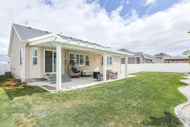 541 W 1960 N, Tooele, UT 84074 - rear view of house featuring a patio, stucco siding, entry steps, outdoor lounge area, and central AC unit