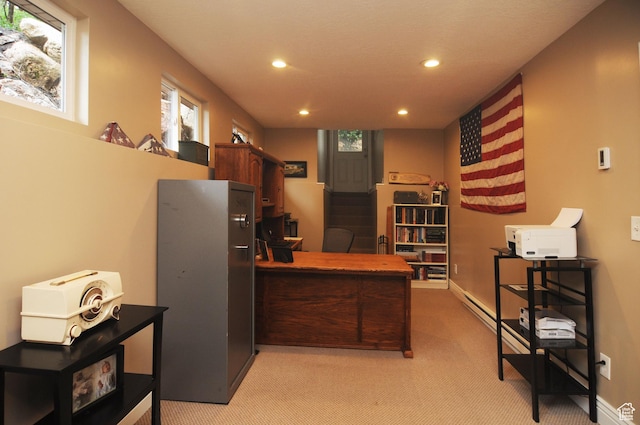 home office with recessed lighting, light carpet, and baseboards