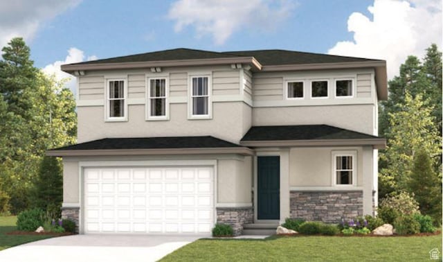 1077 W 400th St S Unit 43, Brigham City, UT 84302 - view of front of property with stone siding, driveway, a front yard, and stucco siding