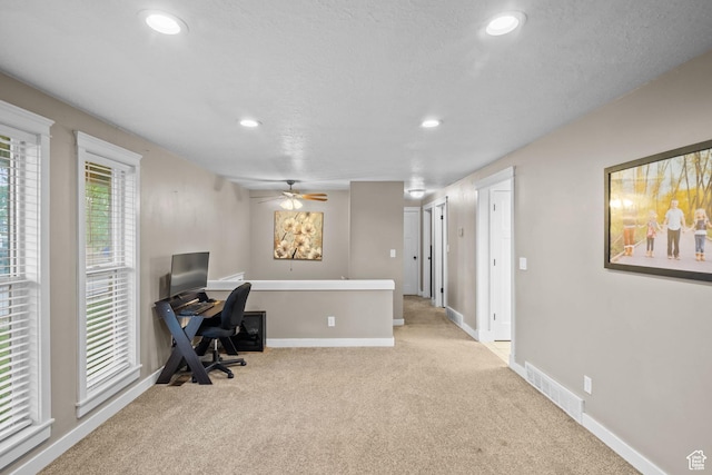 office area with light carpet, recessed lighting, baseboards, and a ceiling fan