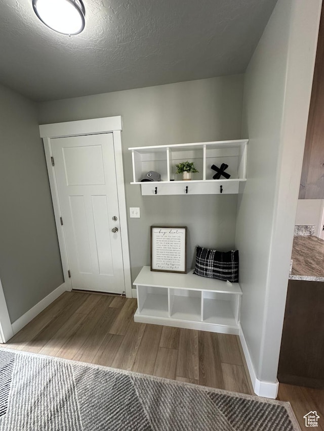 mudroom featuring wood finished floors and baseboards