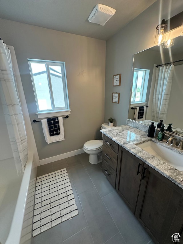 full bath featuring vanity, toilet, tile patterned floors, baseboards, and heating unit