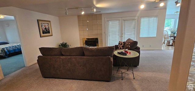 living area featuring carpet, rail lighting, a fireplace, and baseboards
