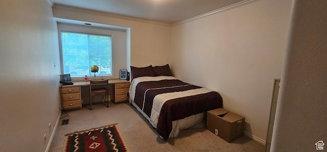 bedroom featuring light colored carpet and ornamental molding