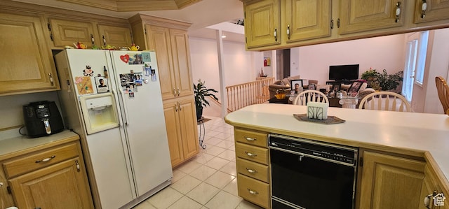 kitchen featuring white fridge with ice dispenser, black dishwasher, light tile patterned floors, light countertops, and ornamental molding