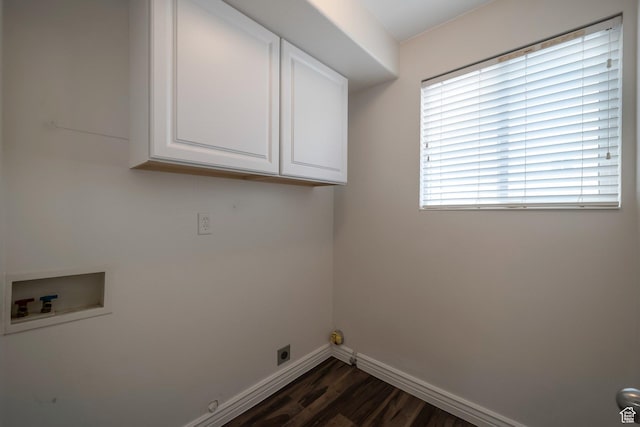 laundry area with cabinet space, washer hookup, dark wood-style floors, baseboards, and hookup for an electric dryer
