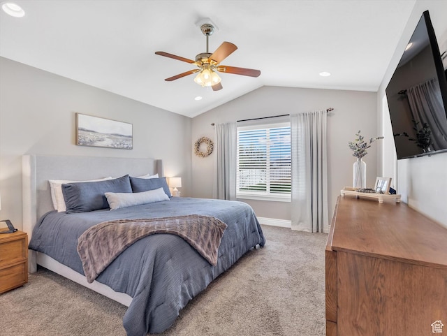 bedroom featuring light colored carpet, vaulted ceiling, a ceiling fan, recessed lighting, and baseboards