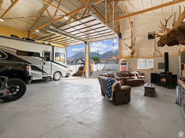 garage with a wood stove
