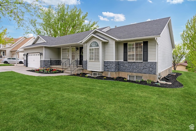 single story home with an attached garage, a front lawn, a shingled roof, stone siding, and concrete driveway