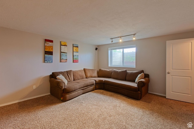 841 W 1235 S, Payson, UT 84651 - carpeted living room featuring a textured ceiling, baseboards, and track lighting