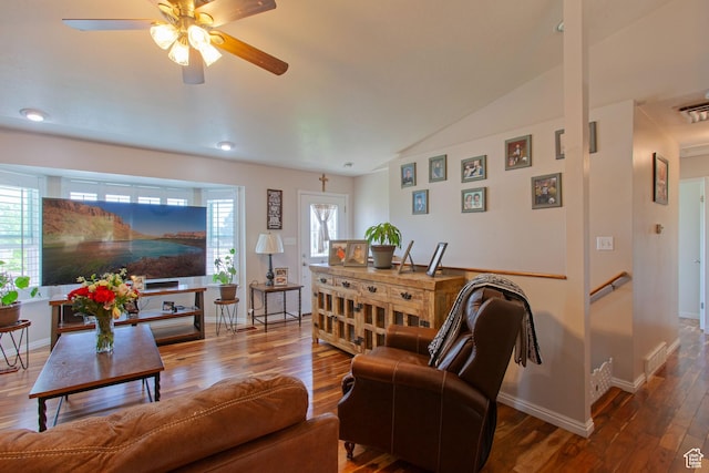 841 W 1235 S, Payson, UT 84651 - living area with wood finished floors, a ceiling fan, baseboards, and lofted ceiling