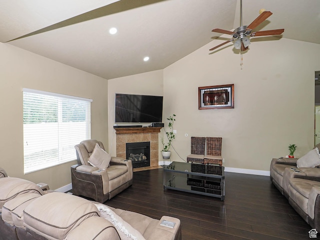 3263 W Blue Moon Ln, South Jordan, UT 84095 - living room with lofted ceiling, baseboards, ceiling fan, wood finished floors, and a fireplace
