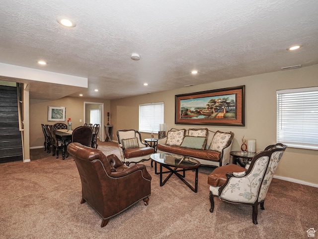 3263 W Blue Moon Ln, South Jordan, UT 84095 - living area with recessed lighting, carpet flooring, a textured ceiling, stairs, and baseboards