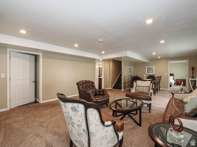 3263 W Blue Moon Ln, South Jordan, UT 84095 - carpeted living room with baseboards, recessed lighting, stairs, and a textured ceiling
