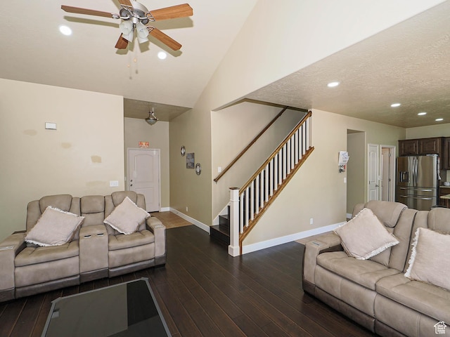 3263 W Blue Moon Ln, South Jordan, UT 84095 - living area with stairs, baseboards, a ceiling fan, dark wood-style flooring, and recessed lighting