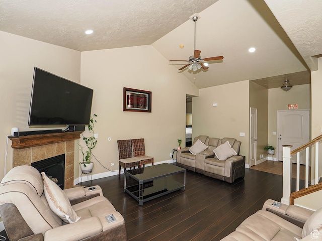 3263 W Blue Moon Ln, South Jordan, UT 84095 - living area with a ceiling fan, baseboards, wood finished floors, vaulted ceiling, and stairway