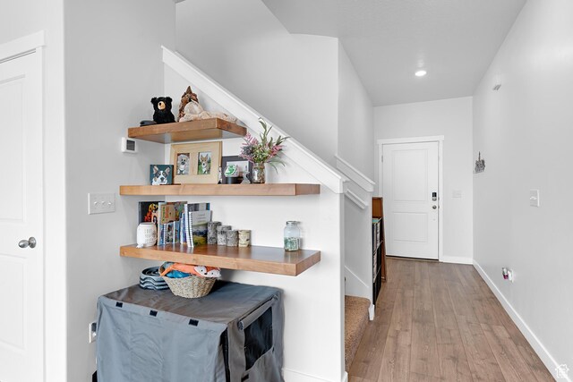 876 S Brubaker Way, Santaquin, UT 84655 - hallway featuring wood finished floors, baseboards, recessed lighting, and stairway